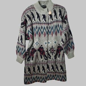 Gioia Donna Vtg Wool Mohair Blend Long Cardigan With Nordic Pattern Gray Medium